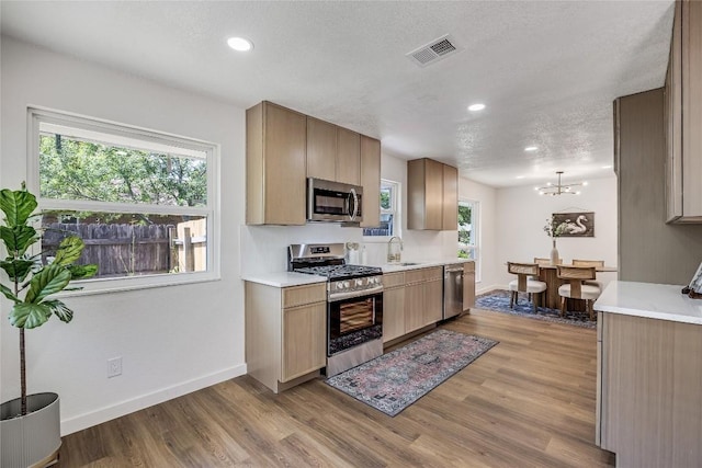 12305 Rustic Manor Ct, Austin, TX 78750 - kitchen with stainless steel appliances, light wood-style floors, light countertops, plenty of natural light, and recessed lighting