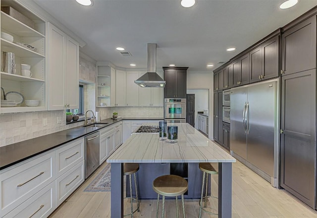 3502 Native Dancer Cv, Austin, TX 78746 - kitchen with open shelves, built in appliances, a sink, island range hood, and decorative backsplash