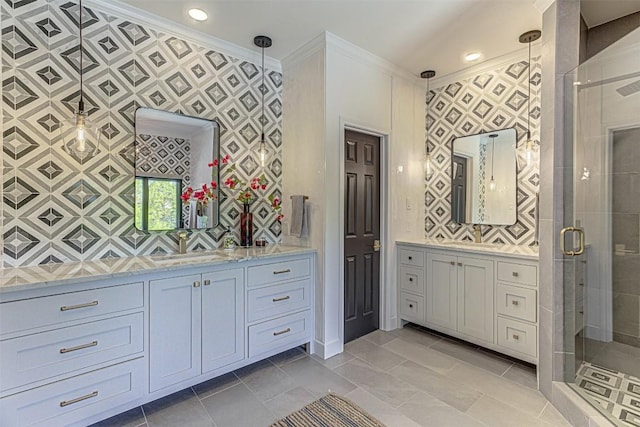 3502 Native Dancer Cv, Austin, TX 78746 - full bathroom with two vanities, a stall shower, crown molding, recessed lighting, and decorative backsplash
