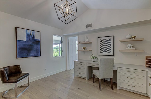 3502 Native Dancer Cv, Austin, TX 78746 - office space featuring light wood finished floors, built in study area, baseboards, high vaulted ceiling, and a chandelier