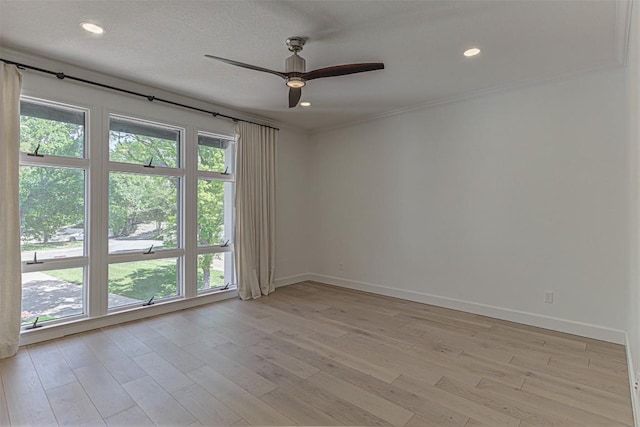 3502 Native Dancer Cv, Austin, TX 78746 - empty room featuring ceiling fan, baseboards, light wood-style floors, ornamental molding, and recessed lighting