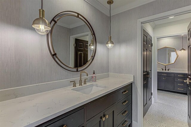 3502 Native Dancer Cv, Austin, TX 78746 - bathroom with vanity, ornamental molding, and tile patterned floors