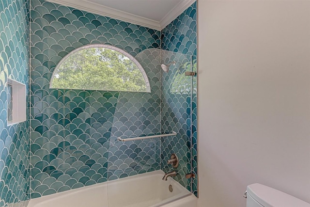 3502 Native Dancer Cv, Austin, TX 78746 - bathroom with ornamental molding, toilet, and shower / tub combination