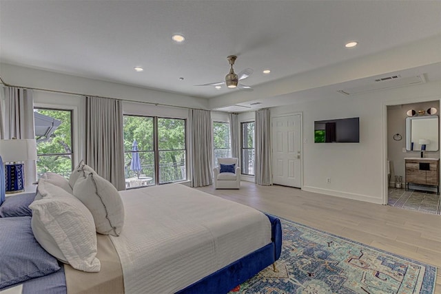 3502 Native Dancer Cv, Austin, TX 78746 - bedroom with light wood-style flooring, baseboards, recessed lighting, access to exterior, and ensuite bathroom