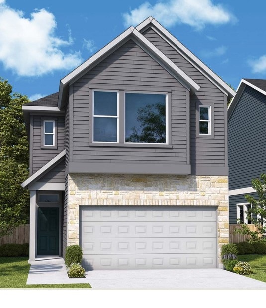 5507 Forks Rd, Austin, TX 78747 - contemporary house featuring stone siding, an attached garage, and concrete driveway