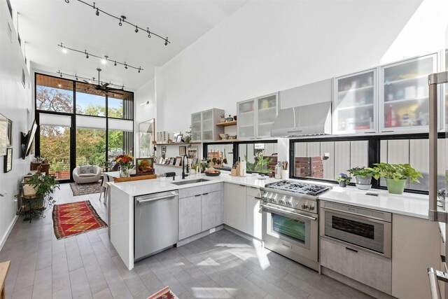 2311 Montclaire St Unit 2, Austin, TX 78704 - kitchen featuring appliances with stainless steel finishes, a towering ceiling, exhaust hood, rail lighting, and light countertops