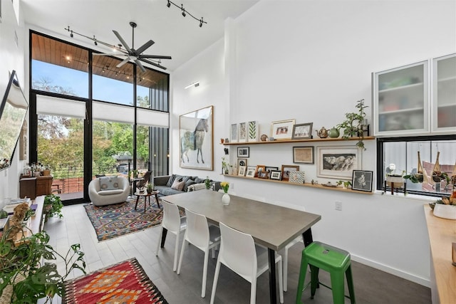 2311 Montclaire St Unit 2, Austin, TX 78704 - dining space featuring a high ceiling, ceiling fan, and rail lighting