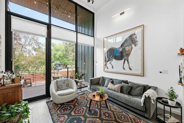 2311 Montclaire St Unit 2, Austin, TX 78704 - living area featuring floor to ceiling windows, wood finished floors, and a towering ceiling