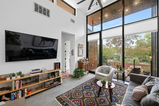 2311 Montclaire St Unit 2, Austin, TX 78704 - living area with a towering ceiling, ceiling fan, and floor to ceiling windows