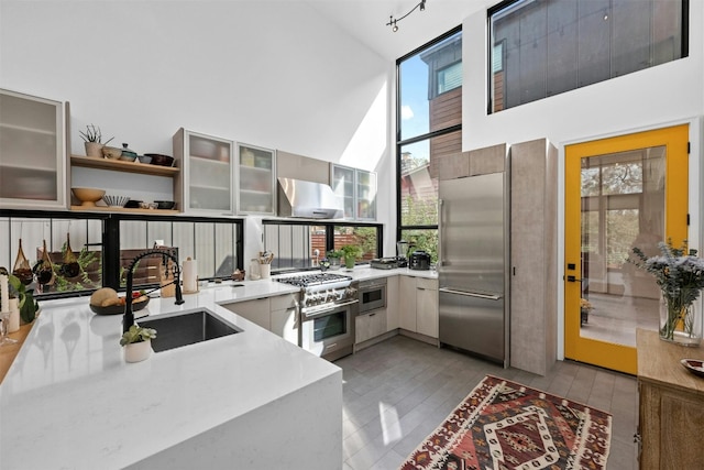 2311 Montclaire St Unit 2, Austin, TX 78704 - kitchen featuring high quality appliances, high vaulted ceiling, plenty of natural light, and light countertops