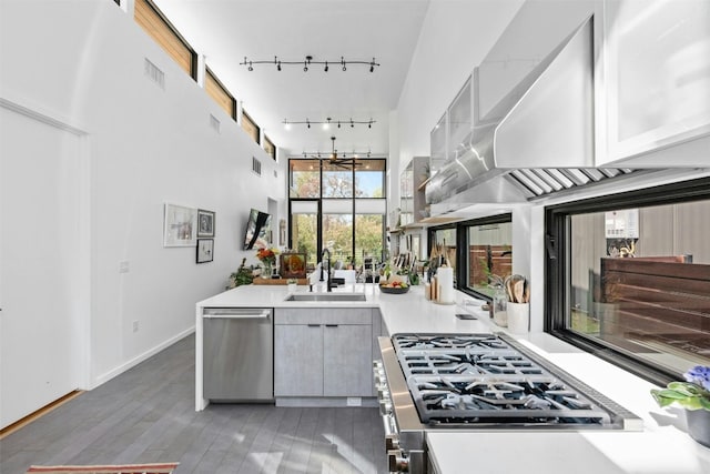 2311 Montclaire St Unit 2, Austin, TX 78704 - kitchen featuring stainless steel dishwasher, track lighting, a towering ceiling, wall chimney range hood, and light countertops