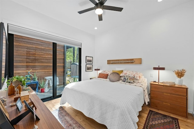 2311 Montclaire St Unit 2, Austin, TX 78704 - bedroom featuring access to outside, recessed lighting, a ceiling fan, and light wood-style floors