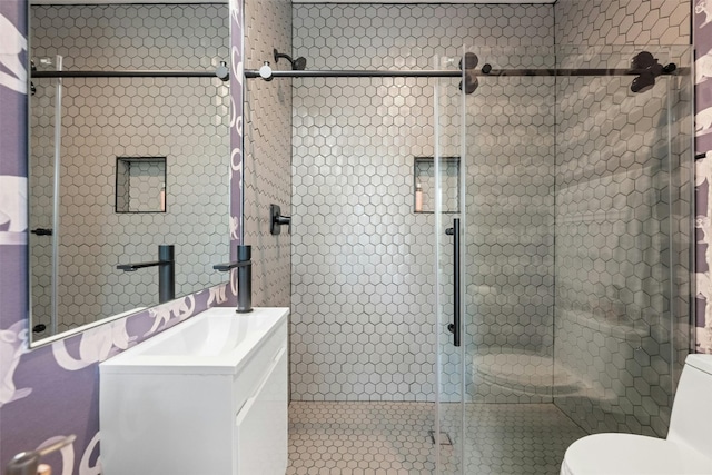 2311 Montclaire St Unit 2, Austin, TX 78704 - bathroom with vanity, a stall shower, and tile patterned flooring
