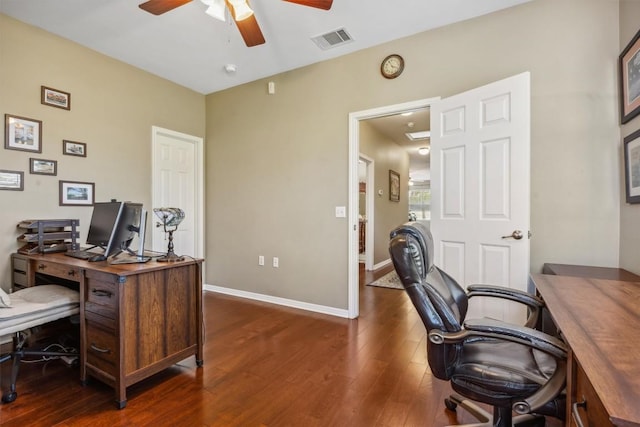 6220 Seville Dr, Austin, TX 78724 - office space with hardwood / wood-style floors, baseboards, a ceiling fan, and visible vents
