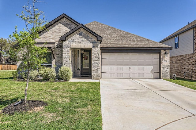 116 Angel Oak Way, San Marcos, TX 78666 - french country style house featuring a front lawn, stone siding, and an attached garage