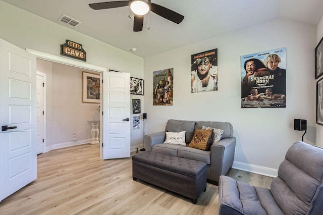 116 Angel Oak Way, San Marcos, TX 78666 - living area featuring light wood-style floors, ceiling fan, baseboards, and visible vents