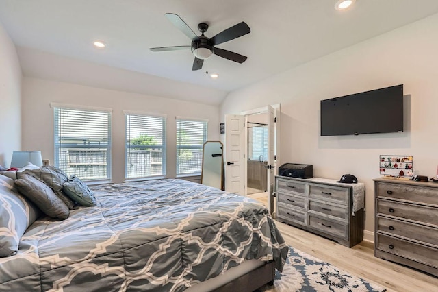 116 Angel Oak Way, San Marcos, TX 78666 - bedroom featuring light wood-type flooring, a ceiling fan, vaulted ceiling, and recessed lighting
