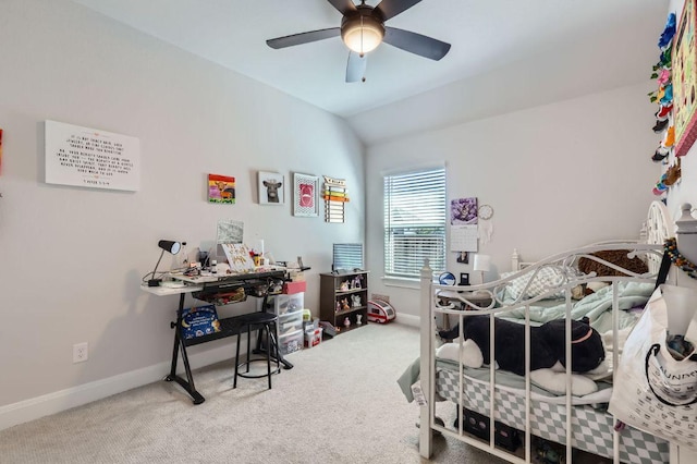 116 Angel Oak Way, San Marcos, TX 78666 - bedroom featuring baseboards, carpet flooring, ceiling fan, and lofted ceiling