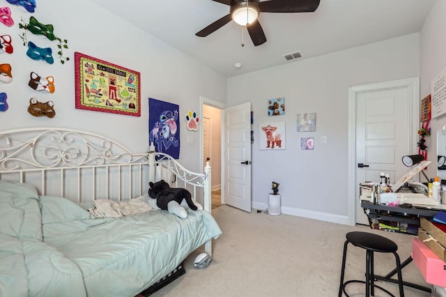 116 Angel Oak Way, San Marcos, TX 78666 - carpeted bedroom with visible vents, baseboards, and ceiling fan