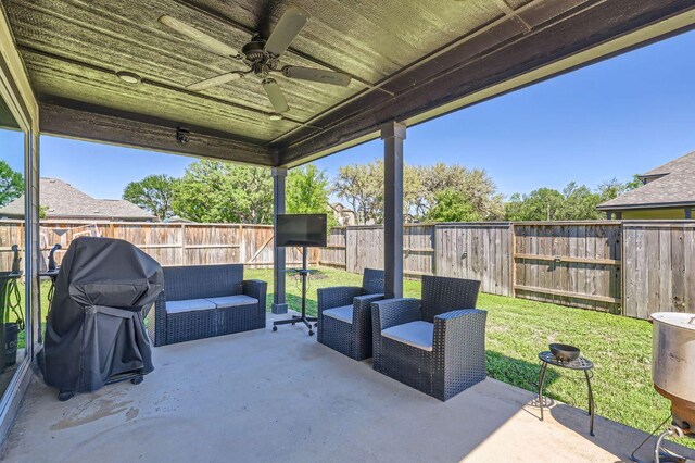 116 Angel Oak Way, San Marcos, TX 78666 - view of patio / terrace featuring a fenced backyard, a grill, a ceiling fan, and outdoor lounge area
