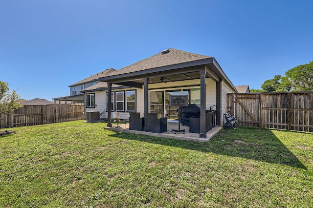 116 Angel Oak Way, San Marcos, TX 78666 - back of property featuring a fenced backyard, a lawn, a patio, a gate, and central AC unit