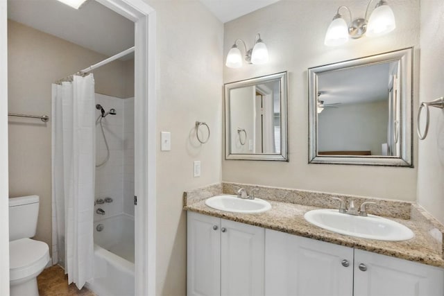 1405 Meadowmear Dr, Austin, TX 78753 - full bath with double vanity, toilet, shower / tub combo, and ceiling fan