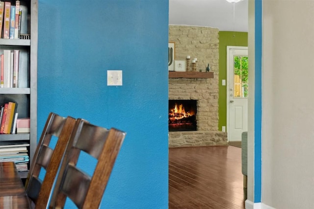 1405 Meadowmear Dr, Austin, TX 78753 - interior space featuring wood finished floors and a stone fireplace