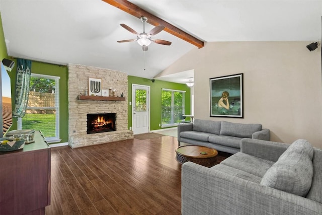 1405 Meadowmear Dr, Austin, TX 78753 - living area featuring ceiling fan, a stone fireplace, and wood finished floors