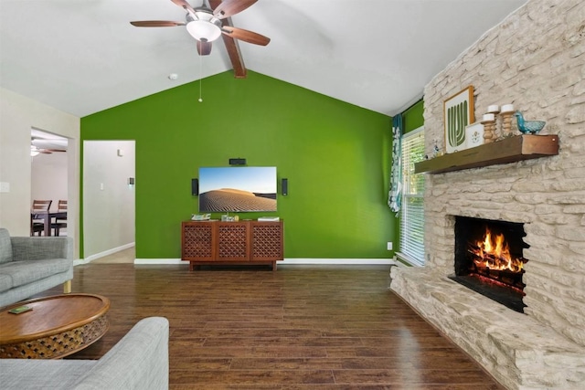 1405 Meadowmear Dr, Austin, TX 78753 - living room with a ceiling fan, wood finished floors, baseboards, and a stone fireplace
