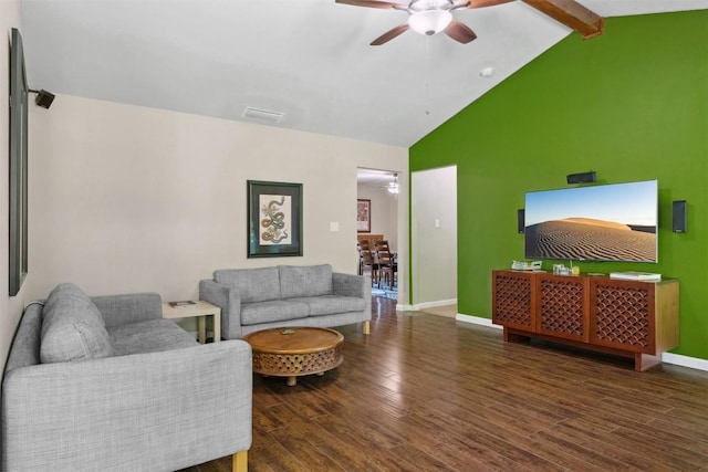 1405 Meadowmear Dr, Austin, TX 78753 - living area with ceiling fan, wood finished floors, baseboards, beam ceiling, and high vaulted ceiling