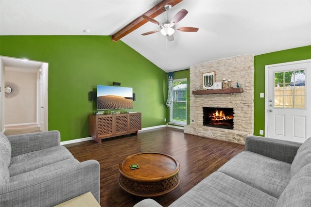 1405 Meadowmear Dr, Austin, TX 78753 - living room with ceiling fan, wood finished floors, a fireplace, and baseboards