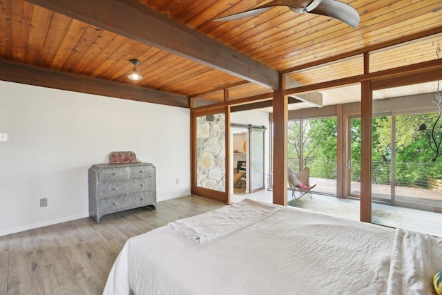 7106 Mountain Trl, Austin, TX 78732 - bedroom with access to exterior, a wood ceiling with exposed beams, and wood finished floors