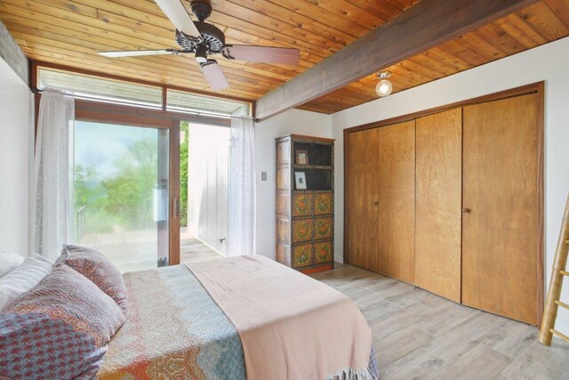 7106 Mountain Trl, Austin, TX 78732 - bedroom with wooden ceiling, light wood finished floors, access to outside, a closet, and a ceiling fan
