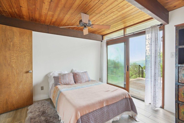 7106 Mountain Trl, Austin, TX 78732 - bedroom featuring wood ceiling, access to exterior, and a ceiling fan