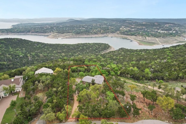 7106 Mountain Trl, Austin, TX 78732 - aerial overview of property's location with a large body of water and property parcel outlined