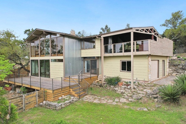 7106 Mountain Trl, Austin, TX 78732 - back of property featuring a garage, a chimney, and a yard