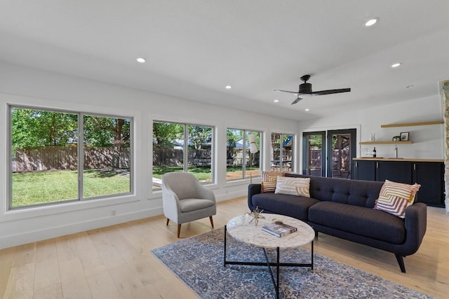 3306 Whiteway Dr, Austin, TX 78757 - living area with ceiling fan, baseboards, light wood finished floors, and recessed lighting