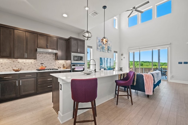 132 Alba Ave, San Marcos, TX 78666 - kitchen featuring under cabinet range hood, appliances with stainless steel finishes, light wood-style flooring, and a breakfast bar area