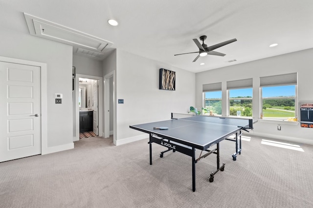 132 Alba Ave, San Marcos, TX 78666 - game room featuring attic access, carpet flooring, baseboards, recessed lighting, and ceiling fan