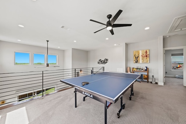 132 Alba Ave, San Marcos, TX 78666 - rec room with a ceiling fan, attic access, carpet flooring, visible vents, and recessed lighting
