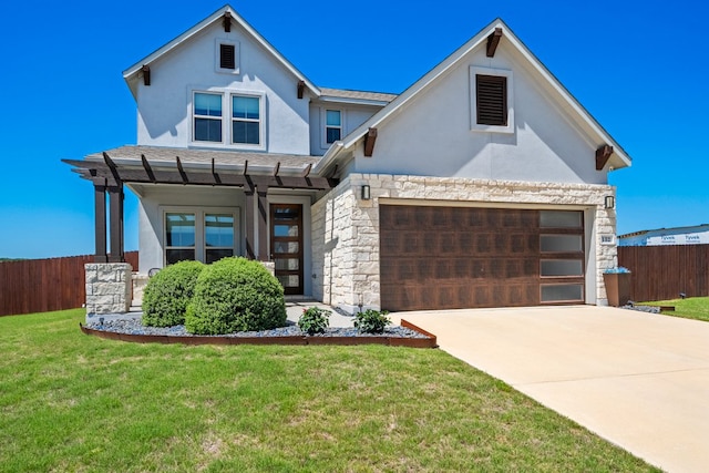 132 Alba Ave, San Marcos, TX 78666 - view of front facade with fence, driveway, stone siding, and stucco siding