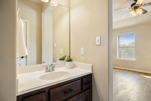 1812 Buffalo Thunder, Leander, TX 78641 - bathroom featuring wood finished floors, vanity, ceiling fan, baseboards, and a textured wall