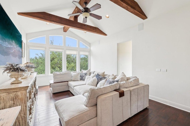 living room with recessed lighting, lofted ceiling with beams, a ceiling fan, baseboards, and dark wood finished floors