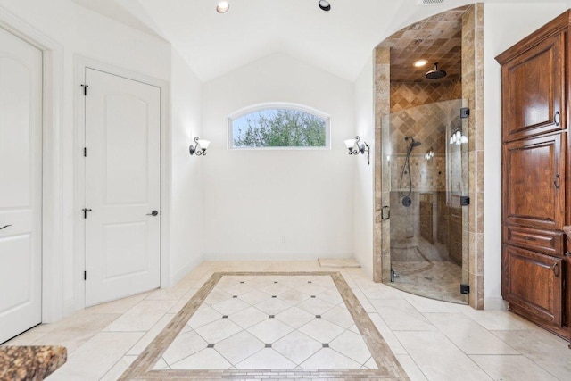 full bathroom featuring lofted ceiling, a shower stall, recessed lighting, and baseboards