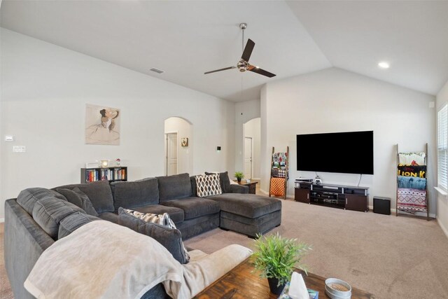 319 Silver Glen Dr, Kyle, TX 78640 - living room featuring lofted ceiling, arched walkways, a ceiling fan, carpet flooring, and recessed lighting