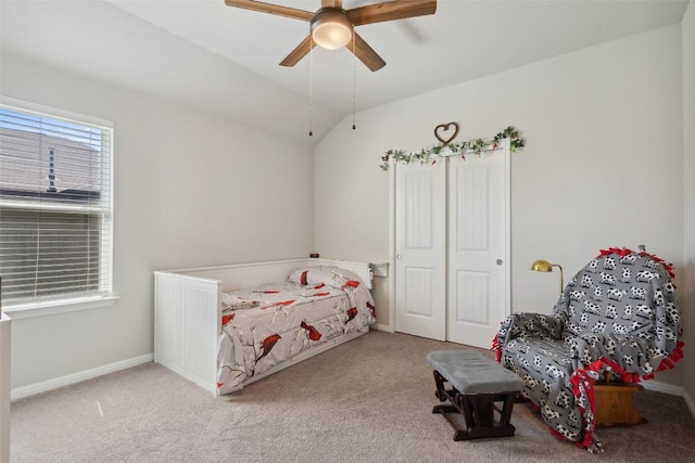 319 Silver Glen Dr, Kyle, TX 78640 - bedroom with carpet floors, vaulted ceiling, and ceiling fan