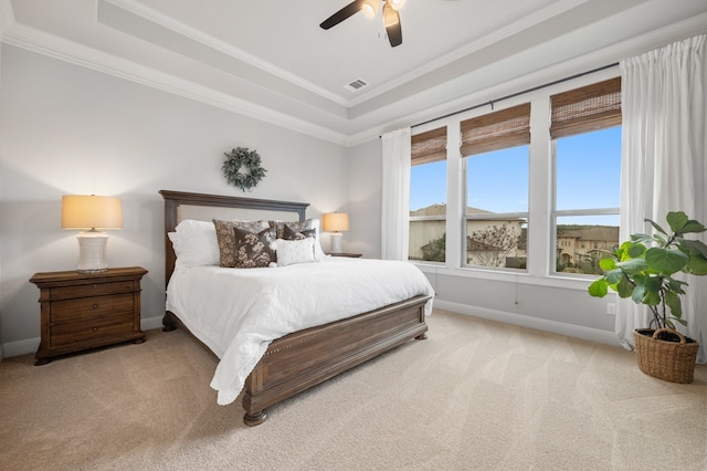 16319 Golden Top Dr, Austin, TX 78738 - carpeted bedroom with a raised ceiling, ornamental molding, baseboards, and a ceiling fan
