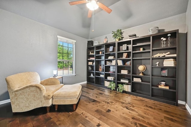 650 Ledge Stone Dr, Austin, TX 78737 - sitting room featuring hardwood / wood-style floors, ceiling fan, lofted ceiling, and baseboards