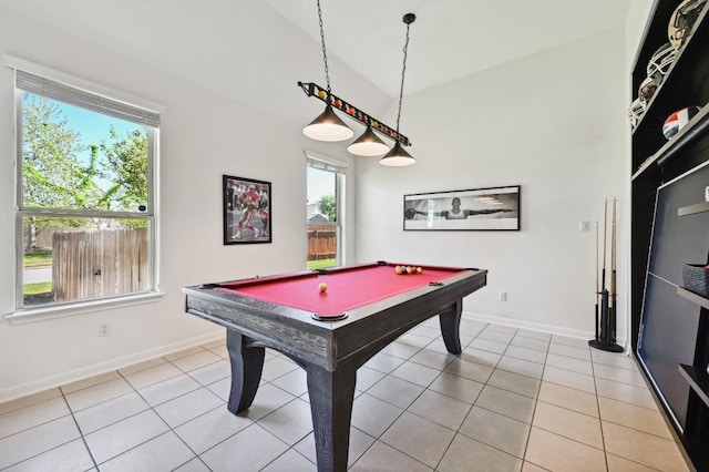 650 Ledge Stone Dr, Austin, TX 78737 - game room featuring billiards table, light tile patterned floors, baseboards, and lofted ceiling