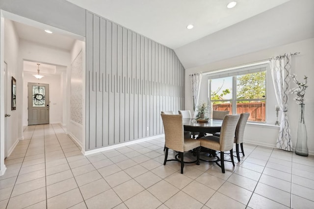 650 Ledge Stone Dr, Austin, TX 78737 - dining area with light tile patterned floors, lofted ceiling, baseboards, and recessed lighting